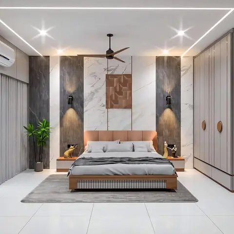 A marble-and-fluted-panel headboard wall with wall sconces and a copper 3D art panel anchors a king bed with a rust upholstered headboard.