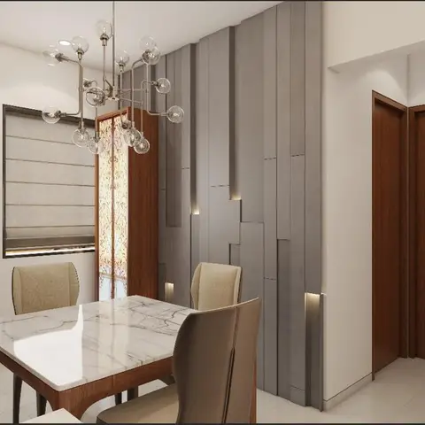 A marble-top dining table for four sits beneath a multi-arm globe chandelier, facing a fluted charcoal-grey panelled wall with vertical accent lighting.