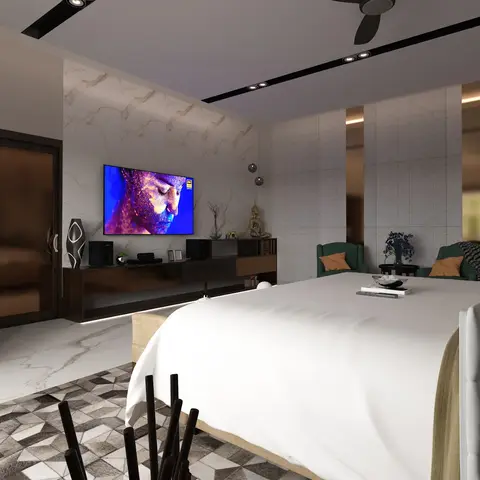 A master bedroom render with a marble-clad TV wall, a bronze geometric mirror-tile accent wall by the sitting area, and emerald velvet armchairs beside the bed.
