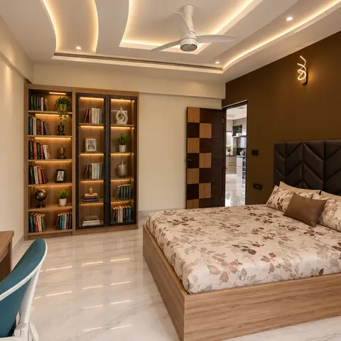 A master bedroom with a dark chevron-quilted upholstered headboard against an espresso accent wall, a built-in lit bookshelf