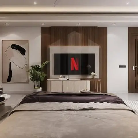 A master bedroom with a wood-slat panel TV wall, a floating console, a hexagonal mirror cluster and an abstract portrait