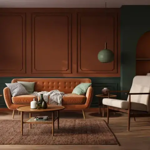 A mid-century living room pairs a burnt-orange tufted sofa and cream accent chair against terracotta wainscoting and a forest-green wall