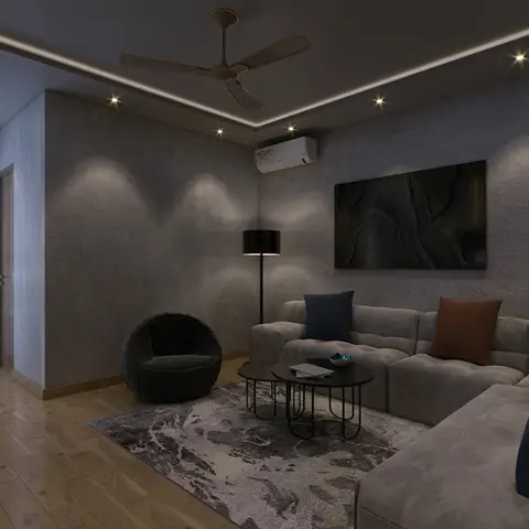 A moody living room render with a large grey L-shaped sectional sofa, layered round coffee tables on a patterned rug
