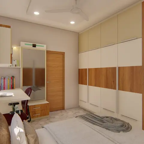 A narrow bedroom with a white-and-teak sliding wardrobe running the full wall under loft shutters