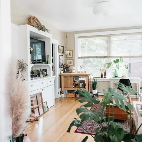 A plant-filled boho living room with a vintage white TV hutch, a gallery wall of framed art, and a patterned rug on light wood flooring.