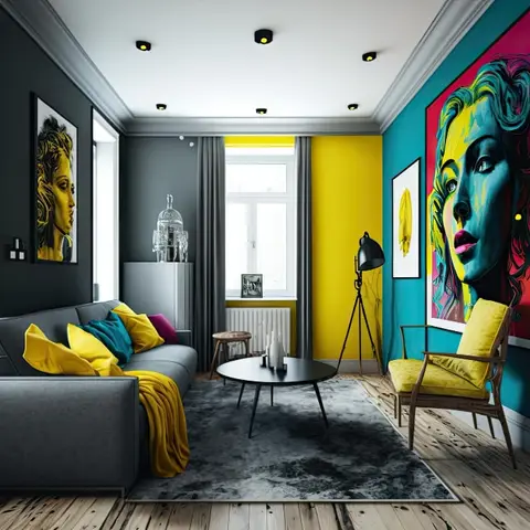 A pop-art living room with teal and yellow accent walls hung with large colorful portrait prints, a grey sofa with mustard and teal cushions