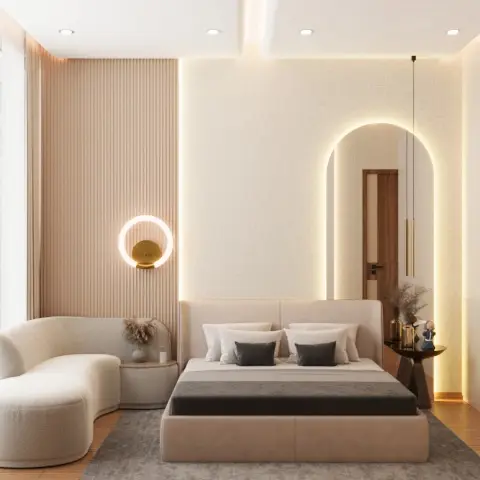 A primary bedroom render with a fluted wood accent wall, an arched backlit mirror niche beside the door