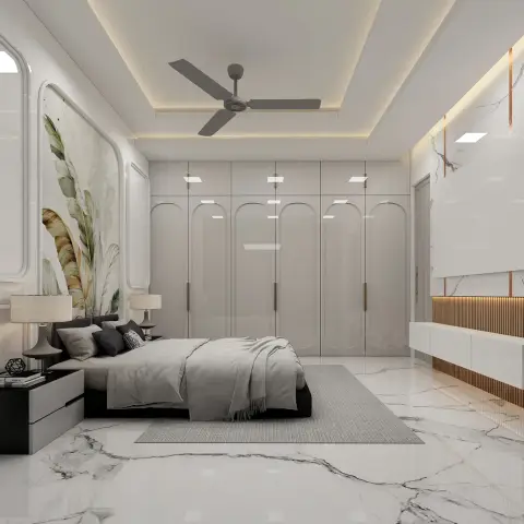 A primary bedroom with a full-height arched glossy wardrobe wall, a floating fluted-wood TV console against marble, and a botanical panel behind the bed.