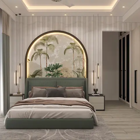 A primary bedroom with a sage-green upholstered bed against a backlit arched wallpaper mural of palm trees, flanked by tube pendant lights