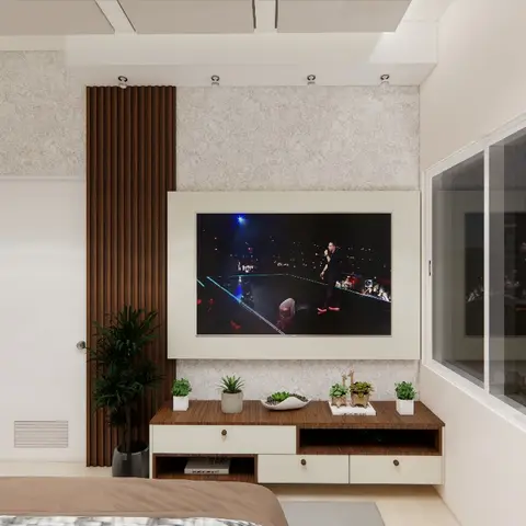 A render of a bedroom TV wall with a textured plaster backdrop, a vertical fluted wood accent strip