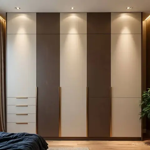 A render of a bedroom wardrobe wall in cream-and-brown two-tone panelling with brass pull handles, individually spotlit