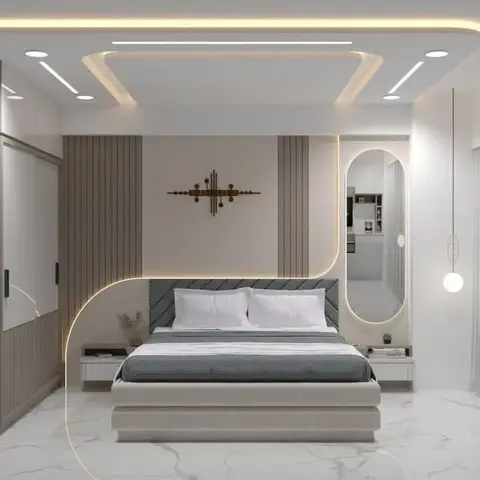 A render of a bedroom with a curved fluted headboard wall, a backlit oval mirror, a hanging globe pendant light
