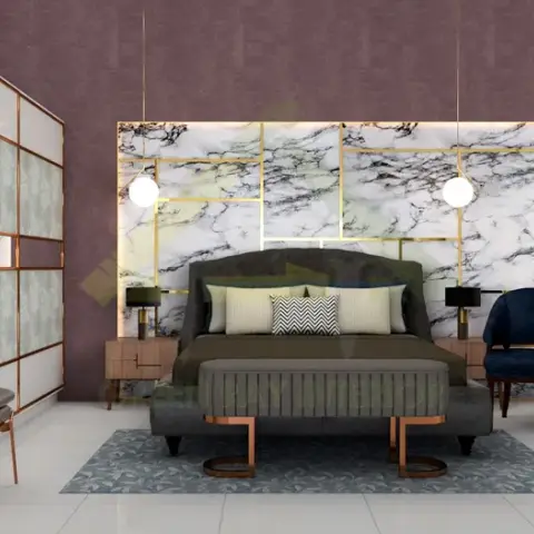 A render of a bedroom with an olive velvet upholstered bed against a marble-and-gold panelled feature wall, flanked by pendant lights