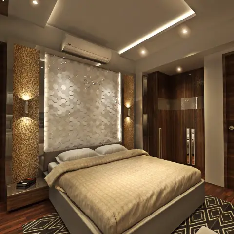 A render of a bedroom with a 3D hexagonal textured feature wall behind the bed, flanked by carved rose-relief pillars with wall sconces