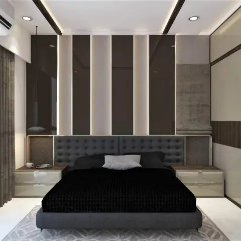 A render of a bedroom with a dark tufted headboard against glossy striped wall panelling and a textured stone inset, flanked by mesh-fronted nightstands