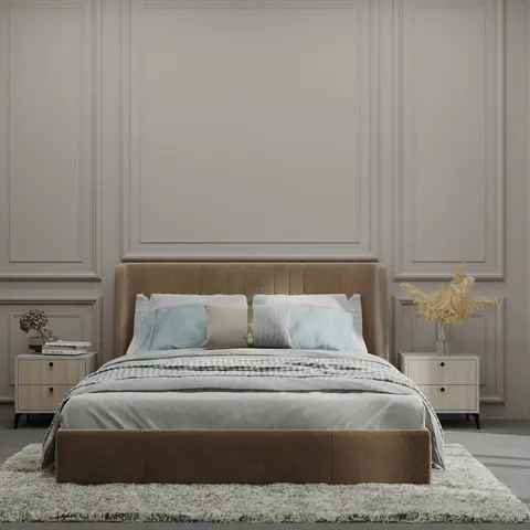 A render of a bedroom with full-height wall moulding panels, a camel-brown channel-tufted upholstered headboard, and a shaggy cream rug at the foot of the bed.