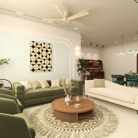 A render of a boho-styled living space with an olive velvet sofa, a round rattan-base coffee table on a macrame fringe rug