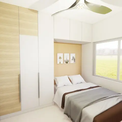 A render of a child's bedroom with a light-wood wardrobe, a mustard accent wall with animal-print art above the bed, and a window overlooking open fields.