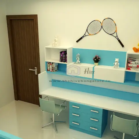 A render of a children's study nook with a turquoise-and-white built-in double desk and open shelving, styled with tennis racket wall decor