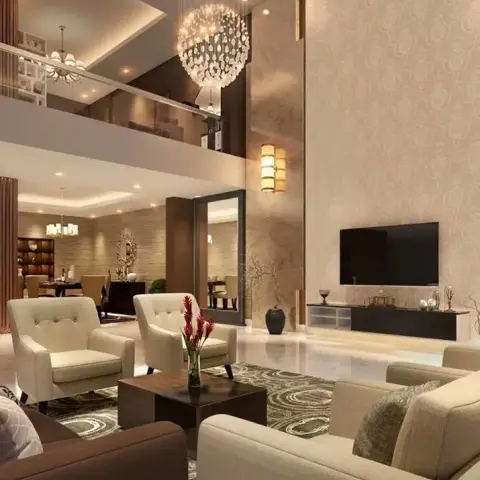 A render of a double-height living room with a crystal chandelier, damask wallpaper feature wall, black floating TV console, and a dining area visible beyond.