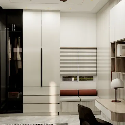 A render of a home study nook with a glass-and-white wardrobe housing hanging clothes, a built-in wood desk with open shelving