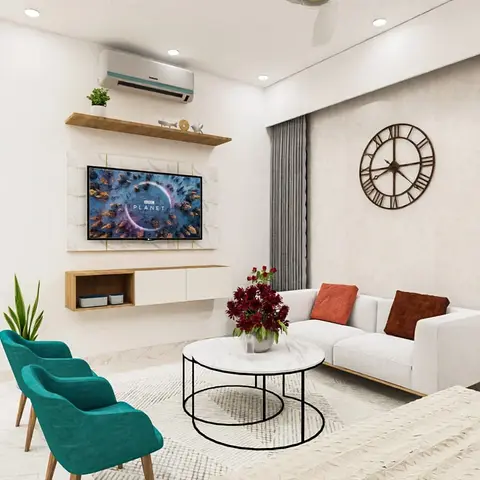 A render of a living room with a white L-shaped sofa, teal accent armchairs, a round marble-top coffee table