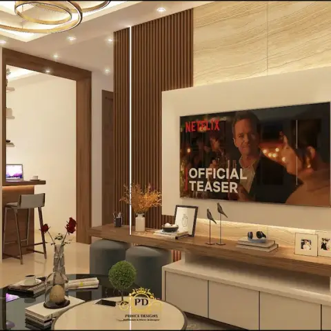 A render of a living room TV wall with vertical fluted wood strips, a floating two-tone TV console styled with frames and decor objects