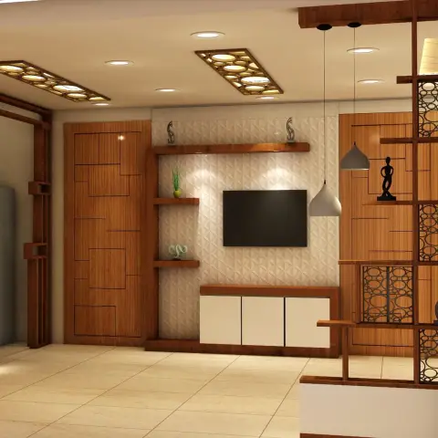 A render of a living room TV wall with a 3D textured tile backdrop, wood-framed geometric shelving, a circular-lattice jaali room divider