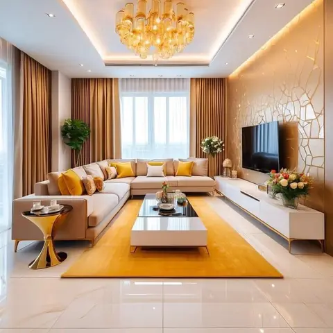A render of a luxury living room with a gold crystal chandelier, a cracked-gold accent wall behind the TV, a mustard-yellow rug