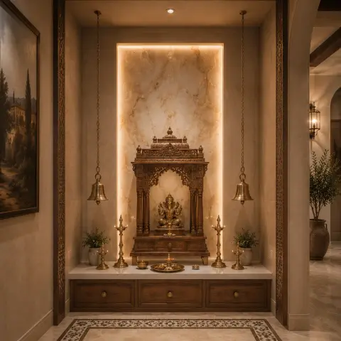 A render of a marble-backed pooja niche with a carved wood temple, hanging brass bells, oil lamps, and a decorative inlaid marble floor medallion.