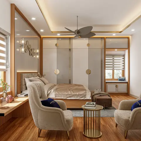 A render of a master bedroom with a fluted grey-and-brass wardrobe wall, a beige upholstered bed with a matching bench