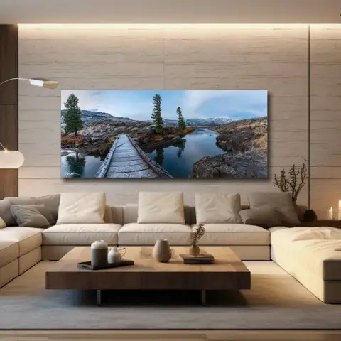 A render of a neutral-toned living room with a stone-clad feature wall, an oversized panoramic canvas print above a beige sectional sofa
