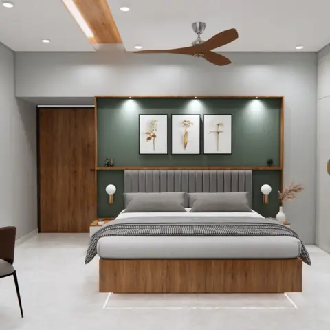 A render of a sage-green and warm-wood master bedroom with a channel-tufted upholstered headboard, a cove-lit ceiling