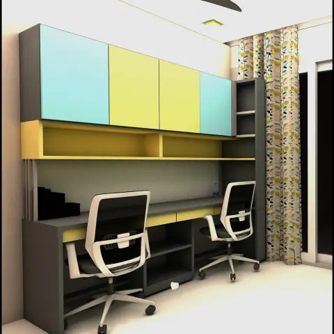 A render of a two-seater kids' study nook with turquoise-and-yellow overhead cabinets, open shelving and matching under-desk storage.
