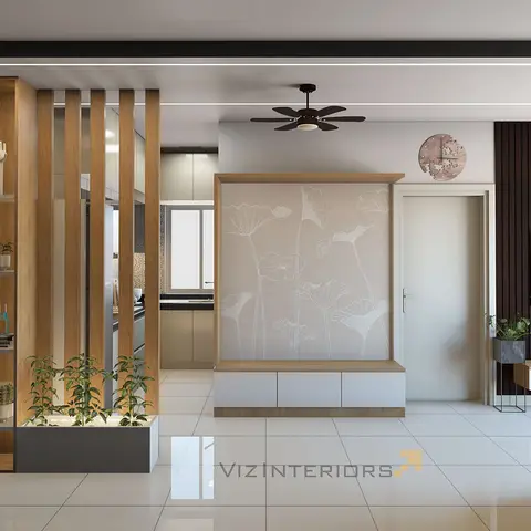 A render of an open-plan entrance with a wood-slat partition and planter box, a floral line-art wallpaper TV wall with a floating wood-and-white console