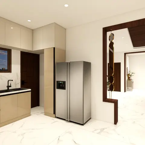 A render of an open-plan kitchen with beige gloss cabinetry and marble backsplash opening through a gold-trimmed mirror archway into a living room beyond.