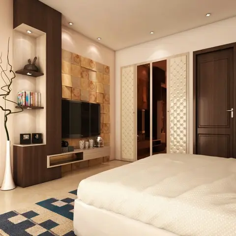 A rendered bedroom with a dark-wood TV unit set against square stone-tile cladding, a mirrored and tufted wardrobe wall