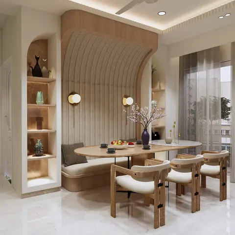A rendered dining nook with a curved fluted-fabric banquette wall, twin brass wall sconces, an oval wood dining table and a lit display niche styled with vases.