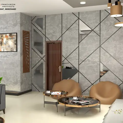 A rendered living room concept with a grey sofa, two tan bean-bag-style accent chairs, a geometric black-lined textured feature wall with mirror inlays