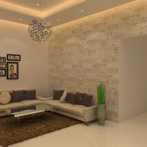 A rendered living room with a beige L-shaped sectional and shaggy brown rug facing a distressed-brick-effect feature wall