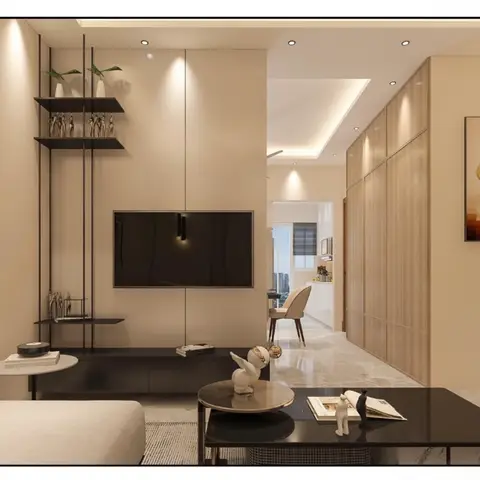 A rendered living room with a black TV console under a beige panelled feature wall, an open black-metal-frame display shelf styled with decor pieces