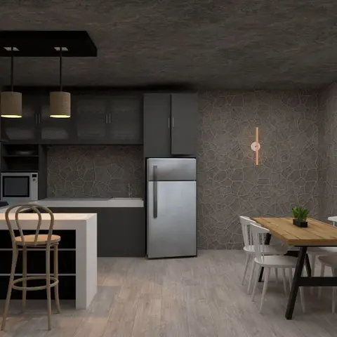 A rendered open-plan kitchen and dining space with black cabinetry and a breakfast bar with bentwood stools