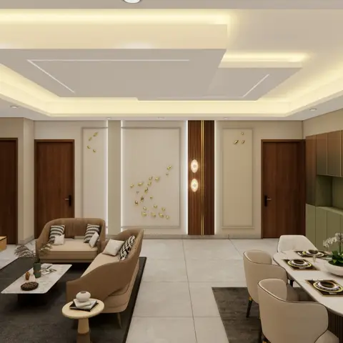 A rendered open-plan living and dining space with a fluted wood TV wall, brown upholstered sofas around a marble coffee table