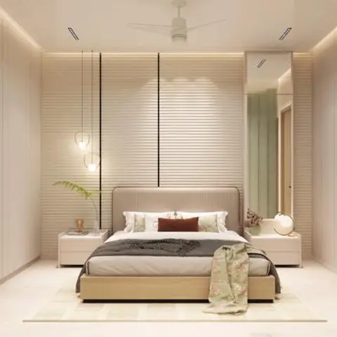 A ribbed textured wall panel behind the bed is flanked by hanging bubble pendant lights and full-height wardrobes on either side.