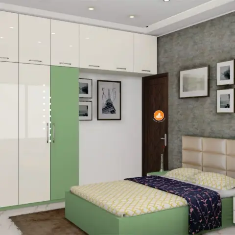 A sage-green and ivory gloss wardrobe with full-height loft shutters and a vertical line of LED dots wraps the corner