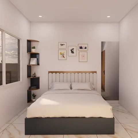 A small bedroom with an arch-tufted cream headboard in a wood frame on a charcoal box bed