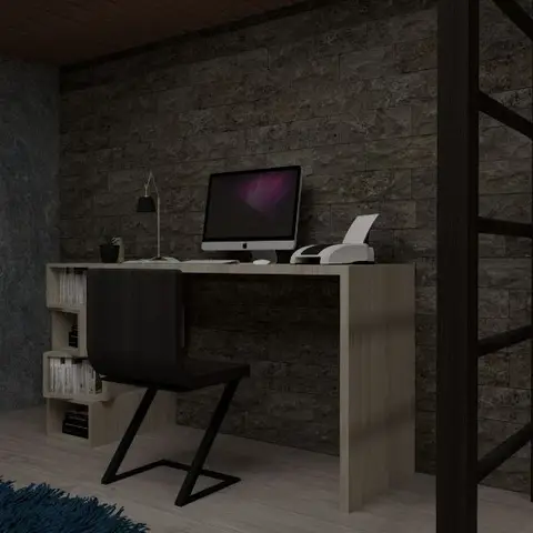 A study nook with a stone-clad accent wall, a wood desk with integrated bookshelf, a black Z-frame chair, and a ladder leading to a loft area.