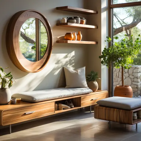 A sunlit entryway bench in warm walnut wood with built-in shoe storage, a round wood-framed mirror, floating shelves styled with pottery