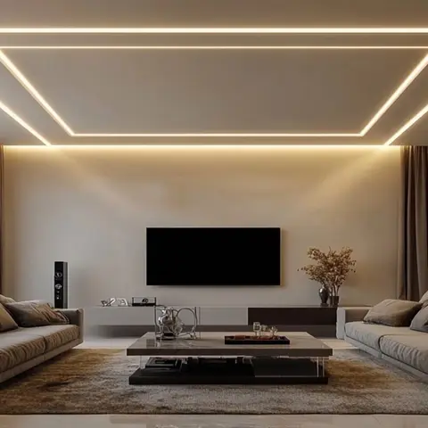 A symmetric living room with two facing sofas either side of a marble coffee table, a floating TV console on the back wall