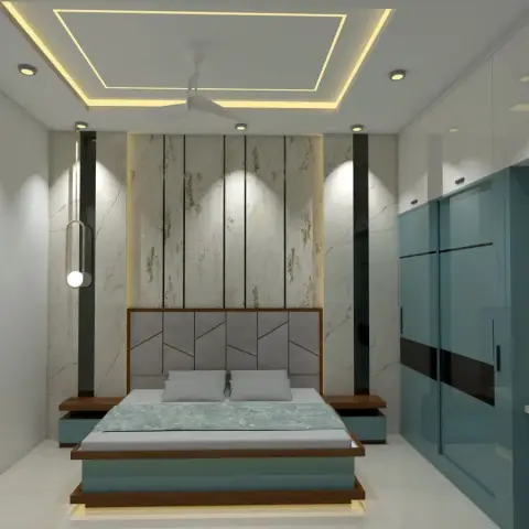 A teal-and-teak platform bed lit from underneath, with a geometric stitched grey headboard against a distressed vertical panel wall flanked by marble-look